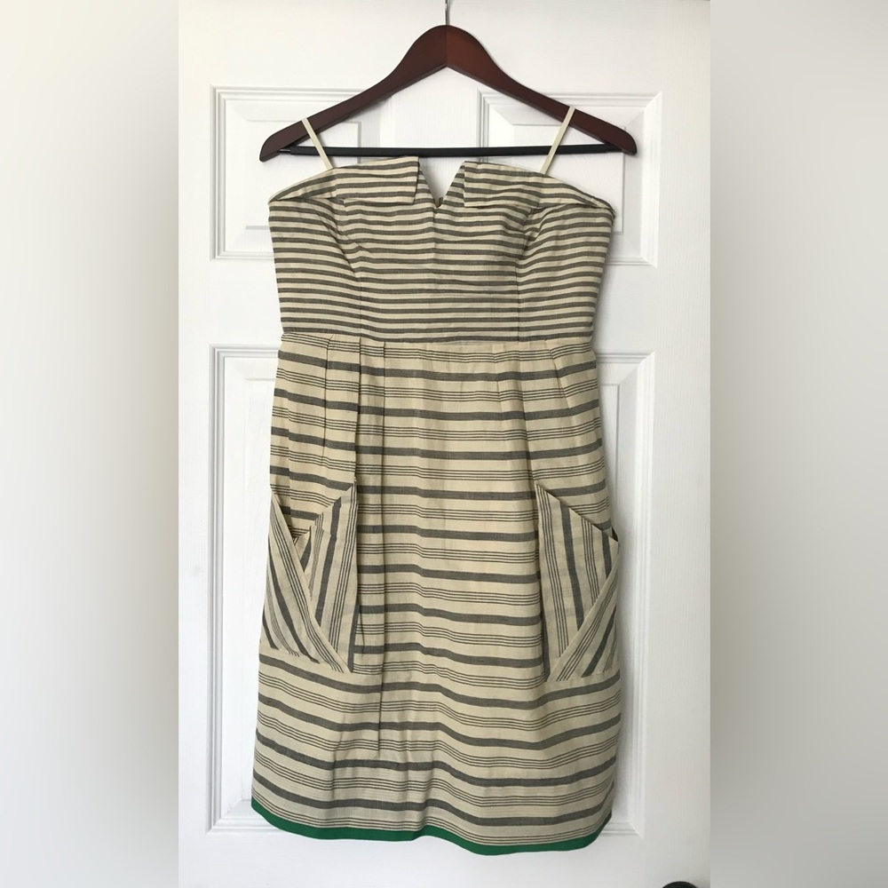 Anthropologie Maeve gray/cream stripe strapless fit and flare midi dress, size 6